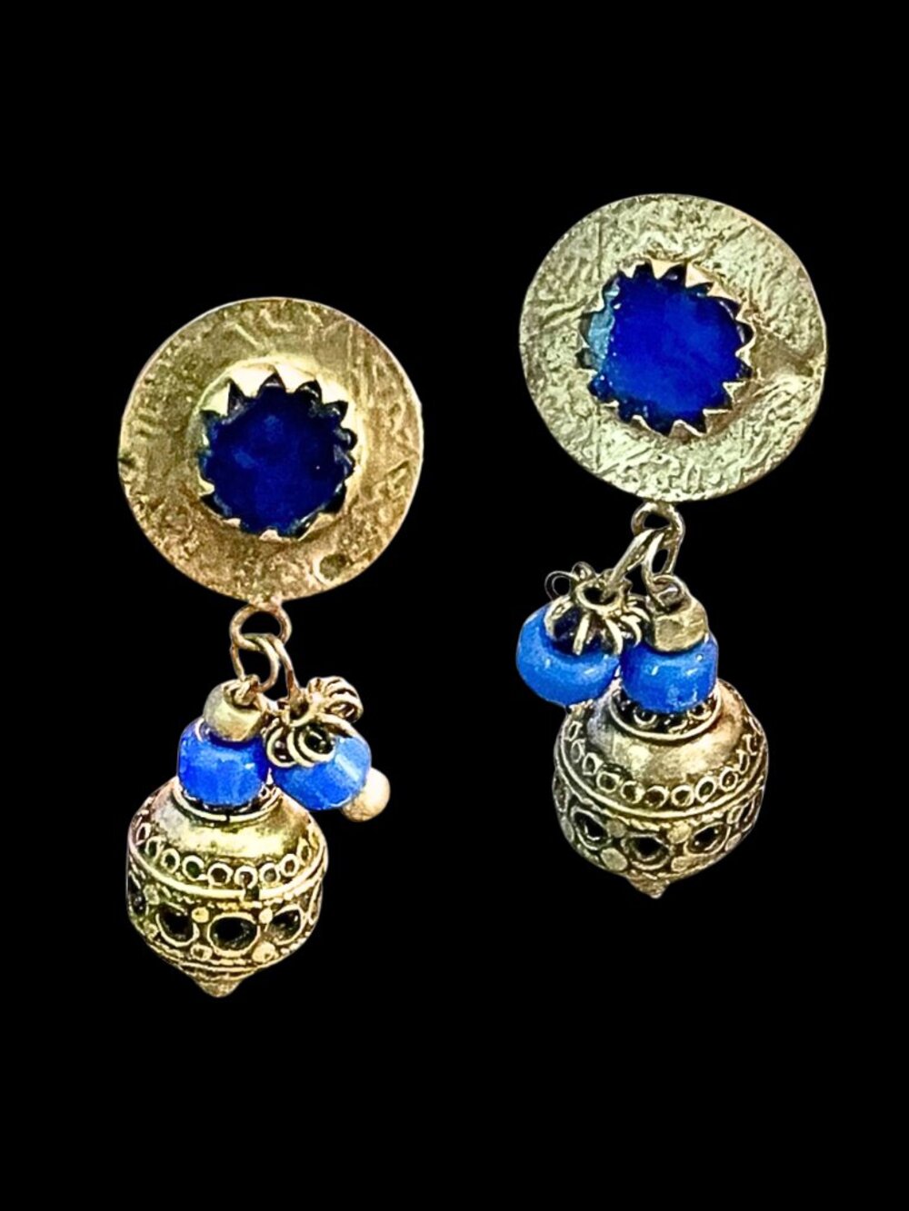 Vintage 3" Ethnic Revival Clip Earrings Cobalt Blue Glass Filigree Dangles 70s